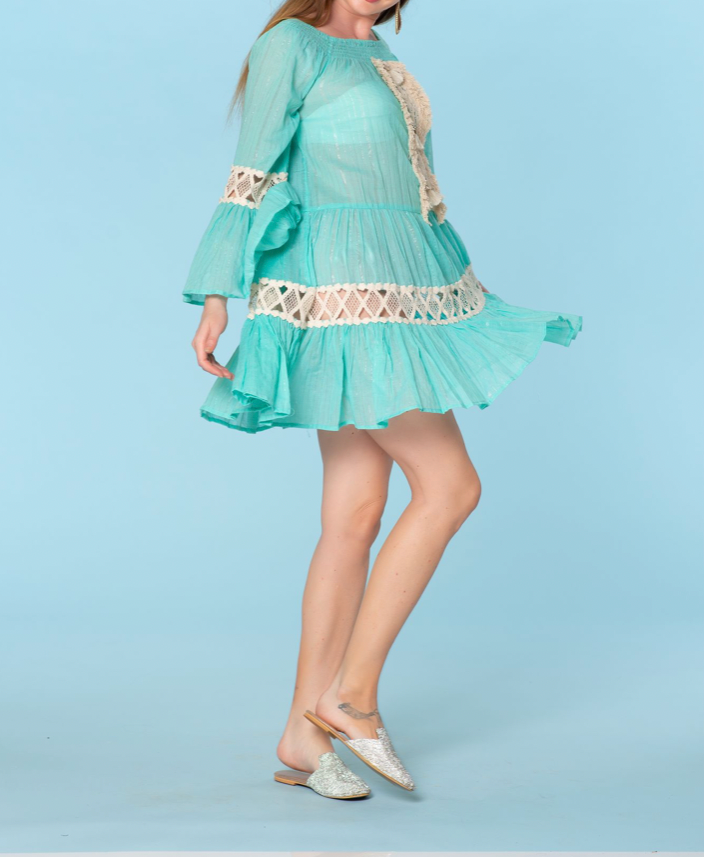 Resortwear.Miami Women Cotton Lace Spliced Elastic Off Shoulder Sleeves Casual Mini Dress